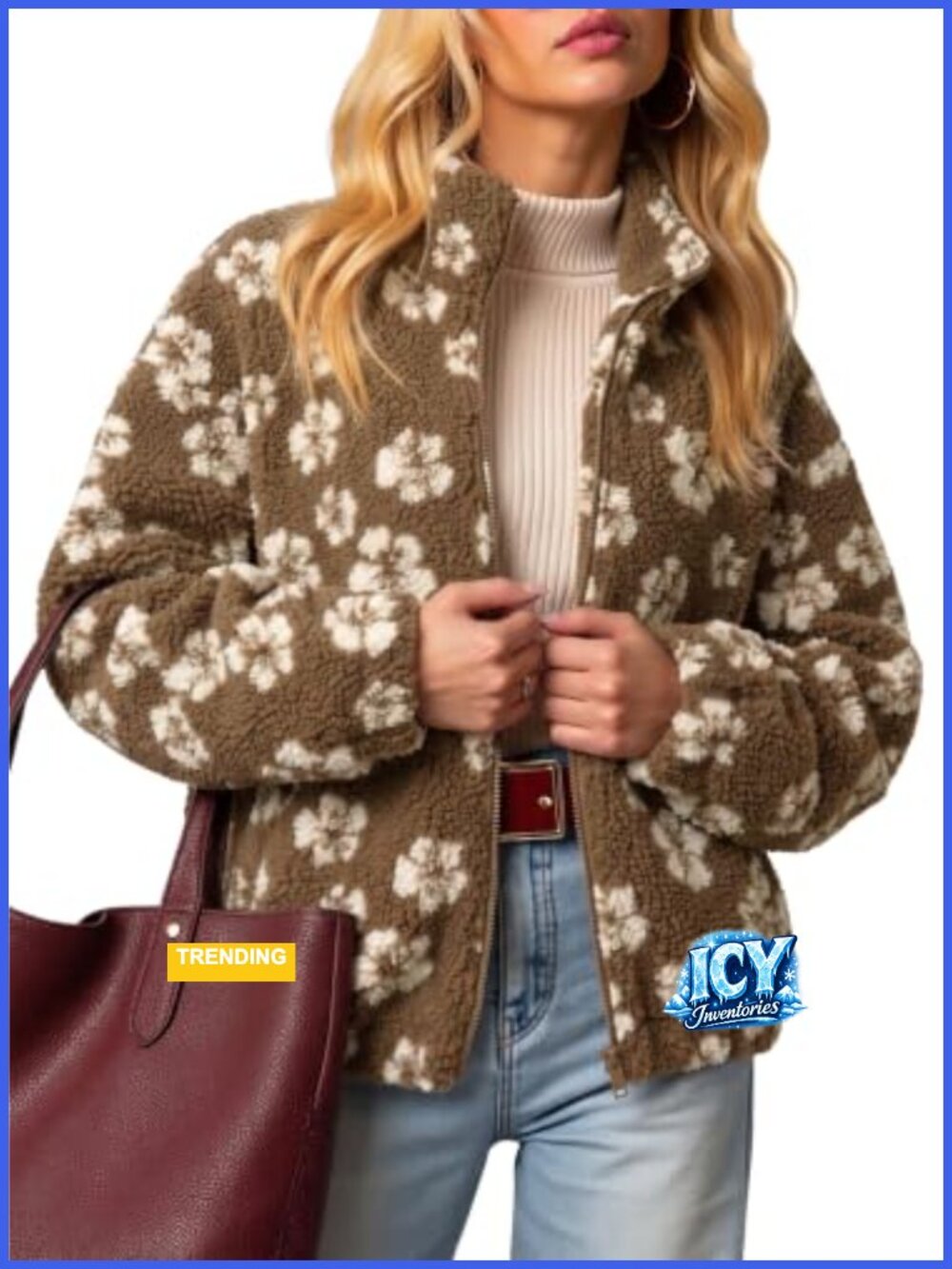 Women's Floral Sherpa Fleece Zip Up Jacket Winter